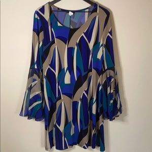Knee Length Patterned Dress with Bell Sleeves